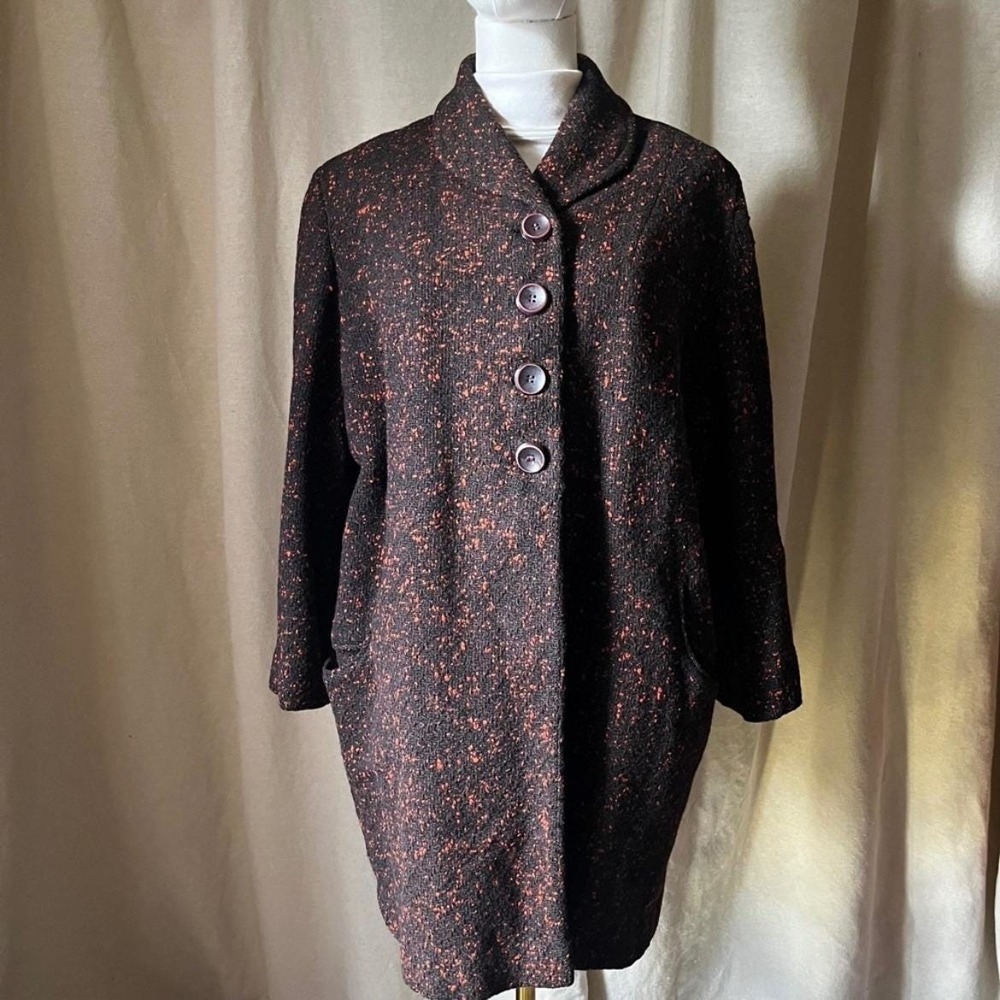 Vintage 1960s Brown Tweed Red Fleck Cocoon Coat Shawl Collar Mod Jacket